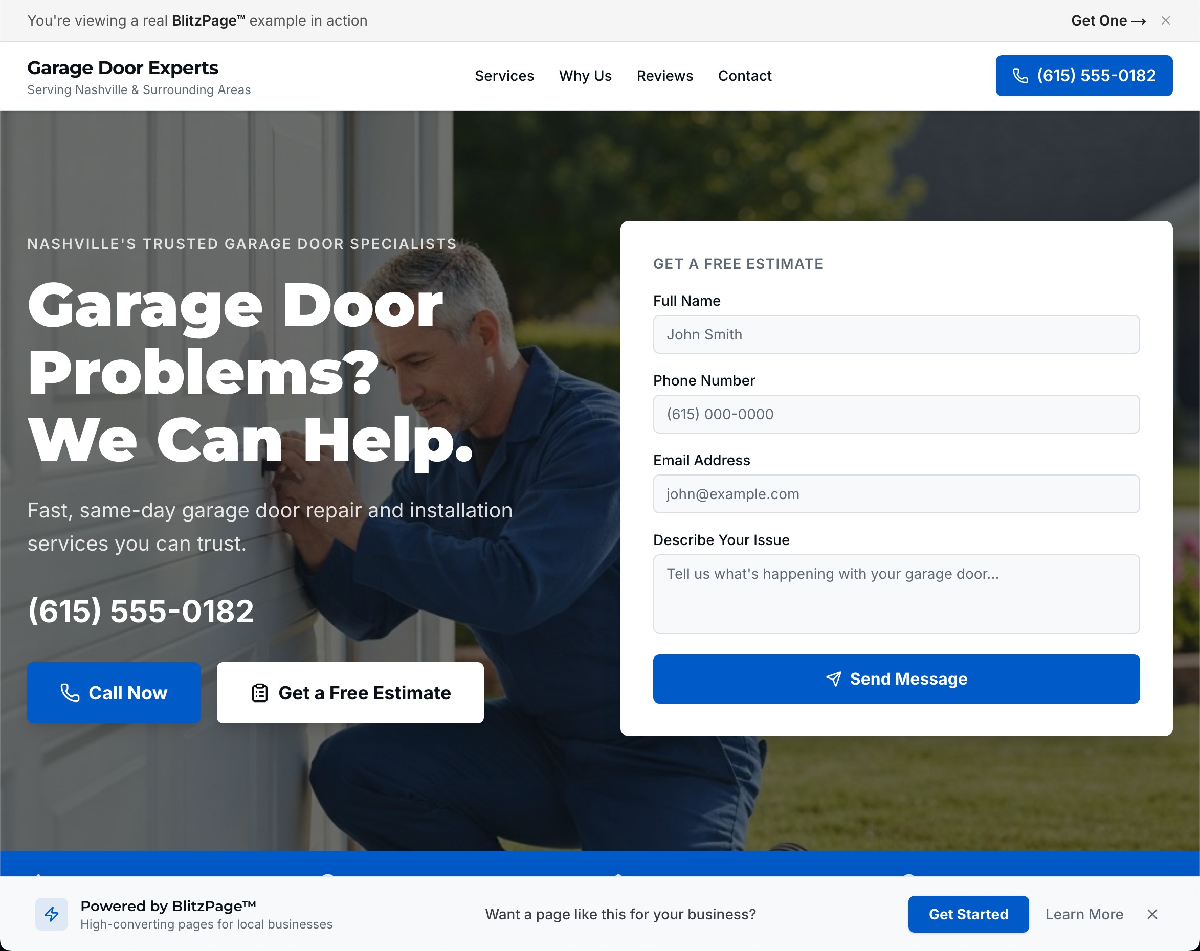Garage door repair landing page example